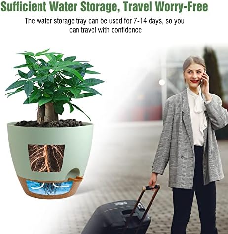 UOUZ 12 inch Large Self Watering Pots, Plastic Planters with 60oZ Removable Deep Reservoir and Multi Mesh Drainage Holes for Indoor Outdoor Garden Plants and Flowers, Green with Brown - Image 5
