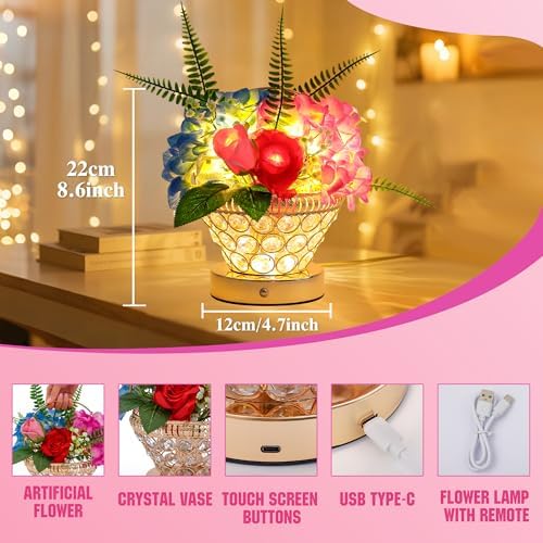 Birthday Gifts for Women, Gift Basket for Mom Blue & Pink Hydrangea Rose Cordless Table Lamp, 3 Color Crystal Lamps Touch Bedside Lamps with USB Charge Small Night Light for Bedroom - Image 3