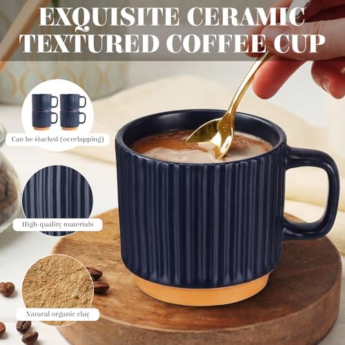 6 Set 8.8 oz Ceramic Coffee Mugs with Gold Spoons, Dark Blue - Image 3