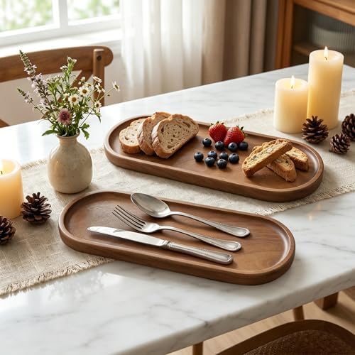 TJ POP Acacia Wooden Tray - 11.4” x 4.1” Oval Decorative Tray for Counter, Solid Wood Serving Tray for Coffee Table, Snacks & Drinks, Rustic Serving Platter for Party, Holiday & Everyday Use - Image 6
