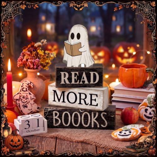 Moucuny 4 Pcs Halloween Table Decoration Wooden Ghost Reading Stacked Block - Image 6