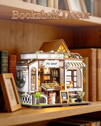 DIY Miniature House Kit, Pet Shop Book Nook Kit with LED Light, 3D Wooden Puzzle Bookshelf Decor Mini Model Building Kit, Birthday Gifts for Family & Friends - Image 4