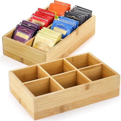 Dicunoy 2 Pack Bamboo Tea Bag Organizers, Wood Tea Bag Storage for Drawers with 6 Roomy Compartments, Sturdy Tea Chest Boxes for Shelf, Coffee Station, Sugar Packet, Sweeteners, Small Packets by Dicunoy