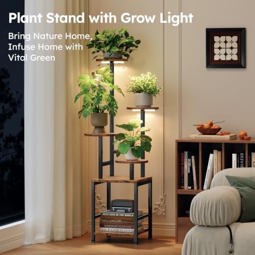 Homsorout Round Plant Stand Indoor with Grow Light, 5-Tiered Tall Plant Stand Indoor, Metal Plant Shelf with Adjustable Light, Ideal for Living Room, Garden, Patio (Black Brown) - Image 2