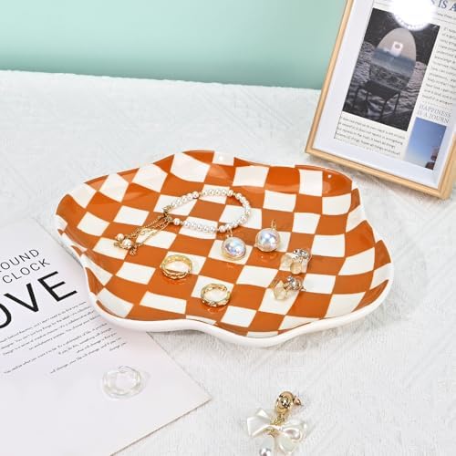 Koythin Brown Plaid Ceramic Jewelry Tray, Vanity Trinket Dish Birthday Gift - Image 3