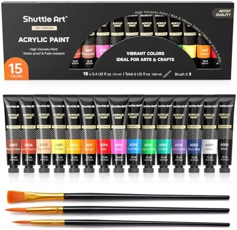 Shuttle Art Acrylic Paint Set, 15 x 12ml Tubes Artist Quality Non Toxic Rich Pigments Colors Perfect for Kids Adults Beginners Artists Painting on Canvas Wood Clay Fabric Ceramic Crafts by ShuttleArt