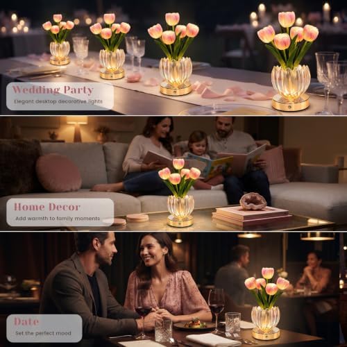 Flower Table Lamp, 3 Color Tulip Night Light, Rechargeable Cordless Touch Dimming Artificial Flower Light, LED Flower with Glass Vase Lamp for Girls Women Mom (Pink Tulip) - Image 6