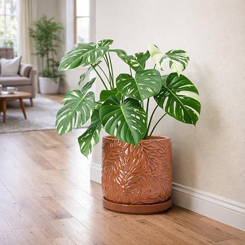 D'vine Dev Embossed Leaves Ceramic Planter, 10 in, Pumpkin, 27-A-P-J - Image 6