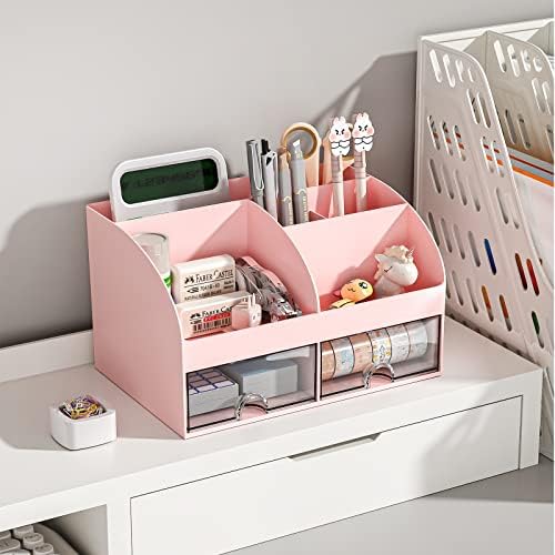 COMFYROOM Desk Organizer with 6 Compartments and 2 Drawers, Plastic Makeup Organizer, Pen Holder for Desktop Storage, Desk Organization for School, Home, Office Supplies Pink-2Pack - Image 3