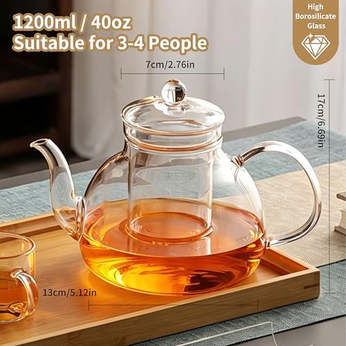 DOPUDO 40OZ (1200ML) Glass Teapot with Infuser Stovetop Safe, Clear Glass Tea Pot Kettle, Borosilicate Tea Pot with Infusers Filter for Loose Tea, Tea Kettle Dishwasher Safe. - Image 2