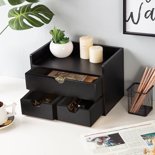 Rustic Distressed white 3-Tier Wood Desk Organizer with 3 Drawers Mini Storage Shelf For Desk, Toiletries Vanity Office Supplies (Black) - Image 2