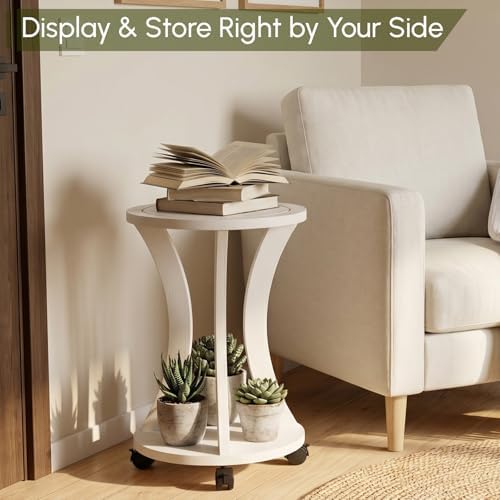 2 Tier Wooden Plant Stand Indoor with Wheels – Tall Plant Stand for 6-12 Inch Pots, Mid-Century Modern Rustic Plant Table Indoor, Pedestal Stand for Corner, Living Room, Balcony, White - Image 3