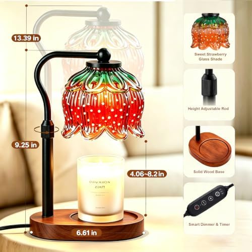 Briever Flower Candle Warmer Lamp, Adjustable Height Electric Candle Lamp with Timer & Dimmer, Wooden Base Wax Warmer, Christmas Birthday Housewarming Gifts for Women Mom, Walnut-Strawberry - Image 2