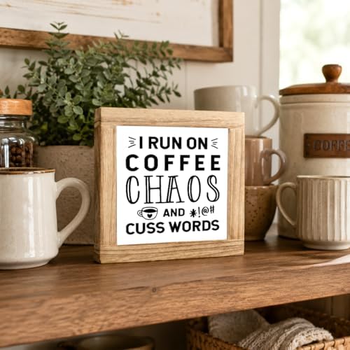 Funny Coffee Chaos Wood Sign, I Run On Coffee Chaos And Cuss Words Plaque, Sarcastic Kitchen Office Desk Decor, Rustic Shelf Sitter For Coffees Station Cubicle Home Bar, 5.9 x 5.9 in - Image 3