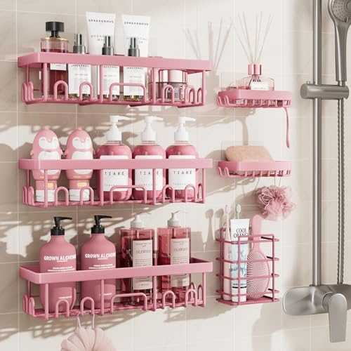 Veken Large Capacity Shower Caddy 6-Pack, No Drilling & Rustproof, Adhesive Shower Shelves with Soap Holder, Bathroom Organizers and Storage, Wall-Mounted Kitchen & Home Decor, Pink by Veken