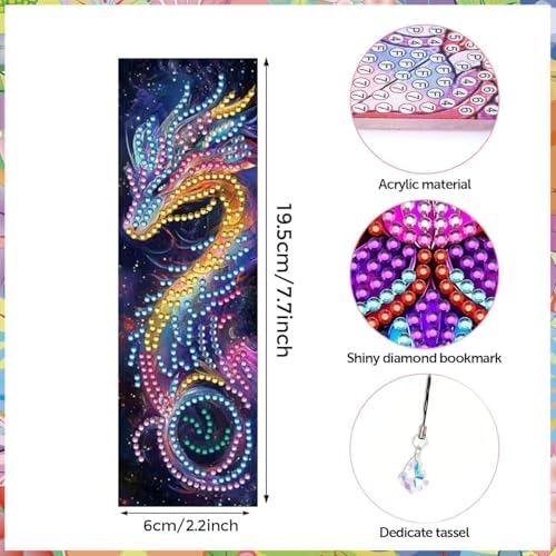5D DIY Diamond Art Bookmarks Kit Dragon 6 PCS Acrylic Diamond Painting Bookmarks Kits with Tassels Double Side, Rhinestone Crafts Decoration Gift Set for Book Lovers Beginners & Adults (Partial Drill) - Image 4
