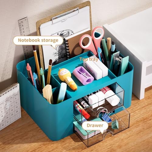 Marbrasse Pen Organizer with 2 Drawer, Multi-Functional Pencil Holder for Desk, Desk Organizers and Accessories with 5 Compartments + Drawer for Office Art Supplies (Dark Green) - Image 2