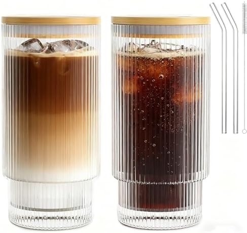 16OZ Ribbed Glass Cups with Lids and Straws,Iced Coffee Cups with Bamboo Lid,Vintage Glassware for Whiskey Cocktail Beer Fruit Juice Glasses Tumbler(2 Pack) by AFINSEA