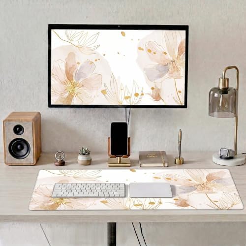 Gold Desk Mat, Aesthetic Floral Large Mouse Pad, 35.4 x 15.7 Inch XXL Keyboard Mat Non-Slip Waterproof Desk Pad, Full Desk Protector for Women Office Home (Champagne) - Image 2