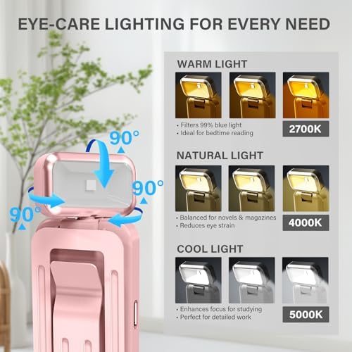 KTEBO Rechargeable Book Light with Clip & Battery Indicator, 9 Luminescence Modes, USB-C Portable 1.6 oz Ultralight Lamp for Night Reading in Bed, Readers - Pink - Image 3