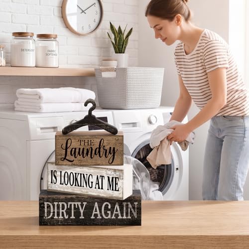 Moucuny 4 Pcs Farmhouse Laundry Room Decor and Accessories Stacked Blocks - Image 3