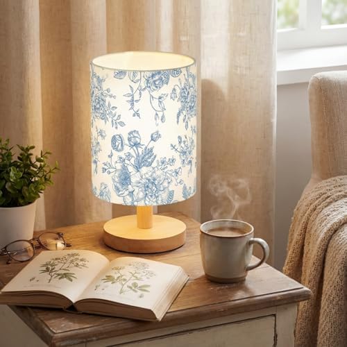 VIHOSE Bedside Table Lamp Table Lamp Vintage Nightstand with Linen Fabric Shade Solid Wood Base Decoration for Kids Living Room Bedroom Desk Dorm(Blue Floral,Blue) - Image 5