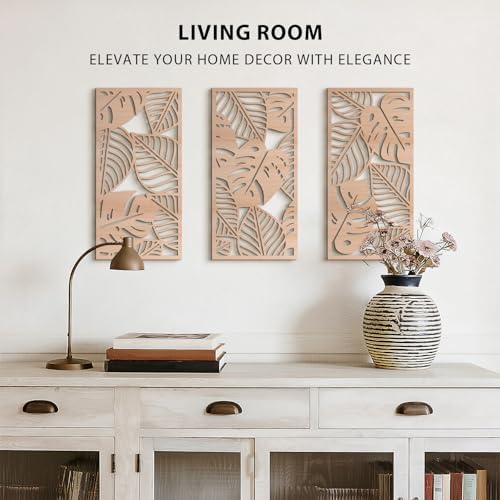 VIYYIEA Boho Solid Wood Carved Wall Art Set of 3, Geometric Minimalist Wooden Home Decor Panels, Handcrafted Solid Wood Wall Hanging for Living Room Bedroom Hallway, 16 x 8 Inch Each (Leaves Oak) - Image 4