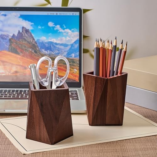 Henoyso 2 Pcs Wood Pen Holder for Desk Wooden Pencil Cups, Black Walnut - Image 3