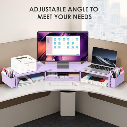 OPNICE Desk Organizers and Accessories, Dual Monitor Stand Riser with Drawer and 2 Pen Holders, Desk Shelf Printer Stand for Office Workspace Organizers, Desktop Organization (Purple) - Image 6
