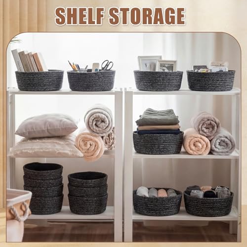 Yinkin 12 Pack Small Storage Basket Cute Natural Cotton Rope Woven Basket Tiny Boho Decorative Toy Storage Bin Gift Baskets for Home Organizing, Closet, Shelf, Nursery, Bathroom(Round,White Grey) - Image 6