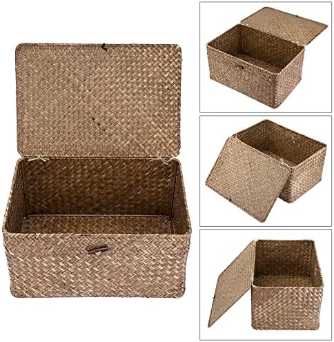 Hipiwe Wicker Shelf Baskets Bin with Lid Large Handwoven Basket Box, Coffee - Image 3