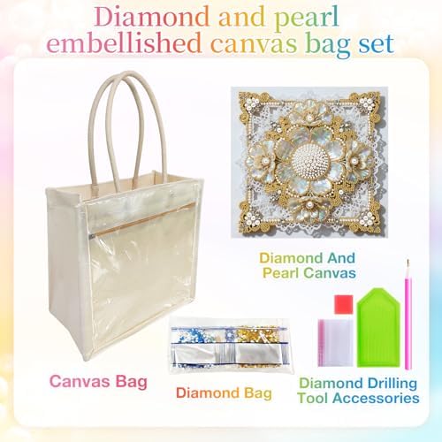 Xylzzuit DIY Pearl Painting Canvas Tote Bag Kit 11.42IN Diamond Art Handbag for Women Shopping Grocery Bag Dots Beads Art Craft Gift (Flower02) - Image 4
