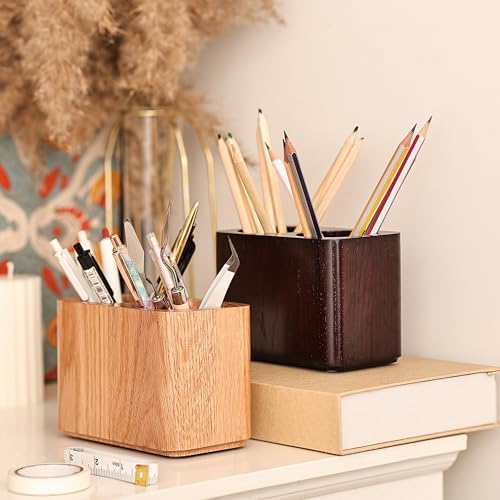 Oak Solid Wood Pen &Pencil Holder for Desk, Office Stationery Organizer, Table Pencil Cup Stand,Desk Accessories Holder, Two Cups Practical Design. (Espresso) - Image 6