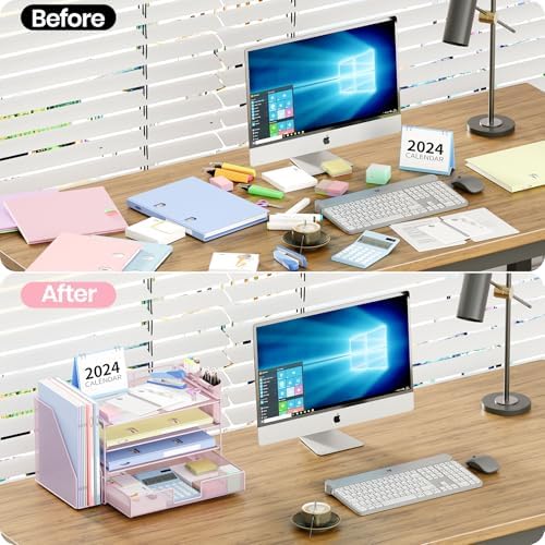 OPNICE Desk Organizer, 4-Tier Desktop File Organizer with Drawer and Pen Holders, Office Desk Accessories, File Sorters, Workspace Organizers for Office Supplies(Pink) - Image 2