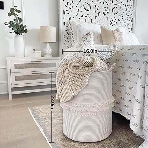 CherryNow 70L Woven Rope Laundry Basket with Tassel, 16" x 22", White - Image 4
