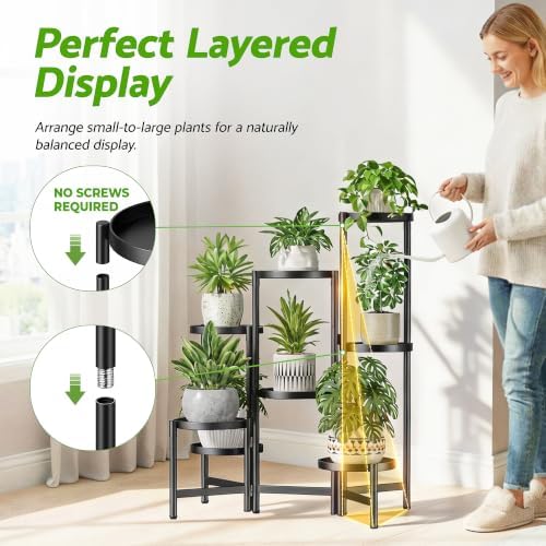 8 Tiered Plant Stand Indoor for Multiple Large Planter, Tall Heavy Duty Adjustable Folding Rack with Rustproof 7.9 Inch Wide Tray, Plant Shelf for Corner Living Room - BlackDisk - Image 6