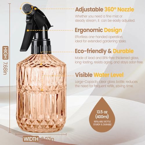 Glass Plant Spray Bottle, 13.5 oz small plant mister, Leak Proof Fine Mist Watering can with Adjustable Nozzle for Indoor Plants Lover, Gardening, Hair, Cleaning Solutions (Orange) - Image 2