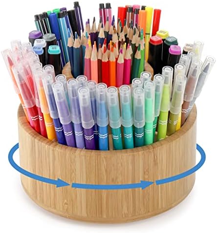 SOUJOY Bamboo Pen Holder Organizer, 360°Rotating Art Supply Organizer with 11 Compartments, Color Pencil Storage Caddy, Hold 200+ Pencils, Office Desk Stand Box for Marker Pens, Pencil, Art Brushes by SOUJOY