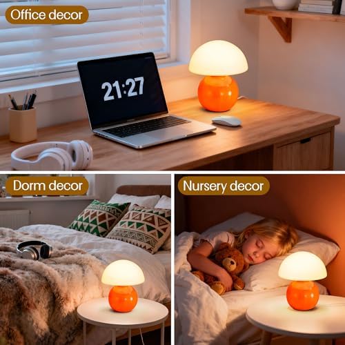 Cute Small Mushroom Lamp Decor,USB-Plug in Bedside Table Lamps with 3-Temperature LED Bulb Dimmable,Modern Aesthetic Home Decor for Livingroom/Bedroom/Dorm/Nursery (Orange with Plug) - Image 4