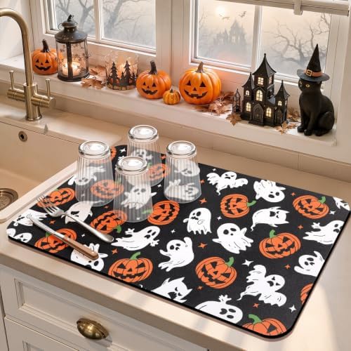 Findosom Ghost Halloween Dish Drying Mat, 12" x 20" Absorbent Coffee Mat - Image 7