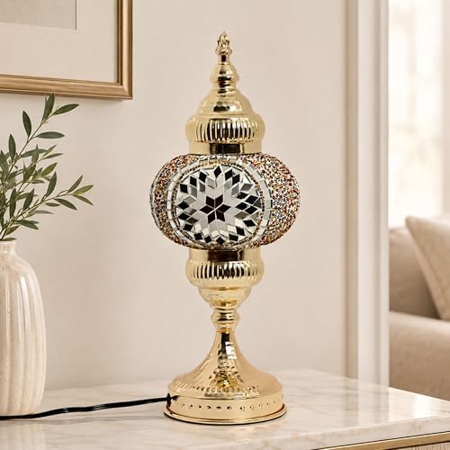GOGERS Turkish Mosaic Table Lamp, Amber Glass Bedside Lamp with Gold Metal Base, E12 LED Bulb Included, Warm Ambient Decorative Lamp for Bedroom, Living Room, Nightstand, Home Decor Gift (Brown) - Image 4