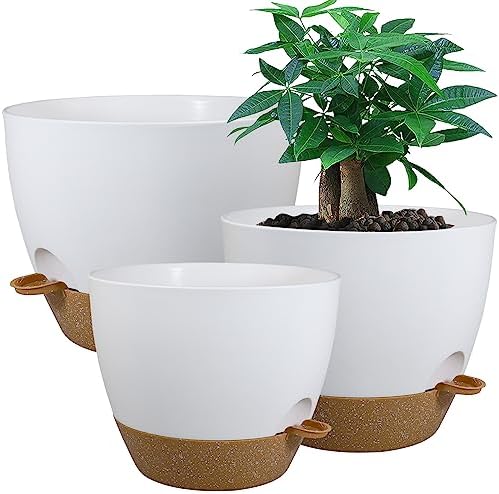 UOUZ Large Self Watering Pots, 12/10/9 Plastic Planters with High Drainage Holes and Deep Reservoir for Indoor Outdoor Garden Plants and Flowers, White with Brown - Image 2