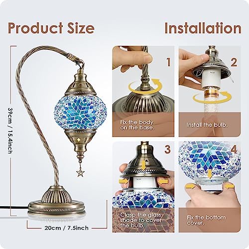 Yarra-Decor Turkish Moroccan Lamp with Bronze Base 3 Color Options Handmade Swan Neck Mosaic Glass Bedside Lamps for Bedroom (LED Bulb Included)(Blue2) - Image 6