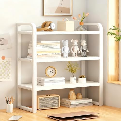 Office Desk Shelf Organizer, Wood Desktop Bookshelf Supplies Storage Rack, Shelf for Top of Desk and Dresser and Cubicle Decor Aesthetic Bookshelf (White White, three Tier(19.69 Lx7.87 Wx22.05 H) by Janebert