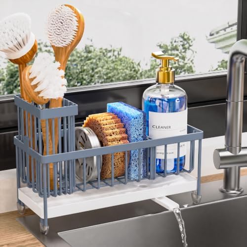 Cisily Sponge Holder for Kitchen Sink, Sink Caddy Organizer with High Brush Holder, Kitchen Countertop Organizers and Storage Essentials, Rustproof 304 Stainless Steel (Gray Blue, 9.25″) by CISILYHOMELIFE