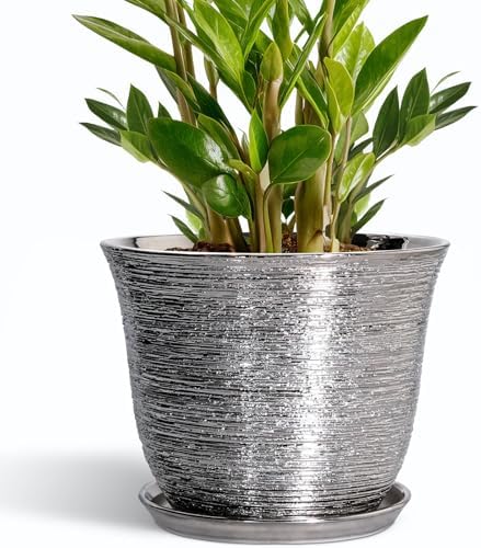 10 Inch Plant Pot, Ceramic Planter with Drainage Hole, Silver by SUNPOTFOR
