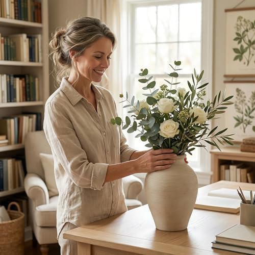 Large 9 Inch Ceramic Vase, Farmhouse Rustic Table Centerpiece, Vintage Floor Vase for Dried Flowers, Home Decor for Living Room, Mantel, Bookshelf & Office - Image 7