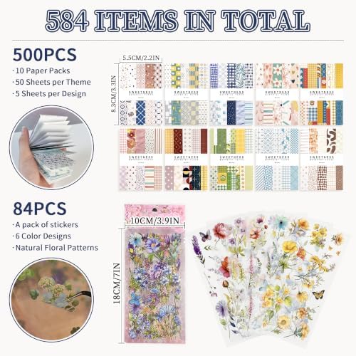 500 Sheets Scrapbook Paper, Junk Journal Supplies + 84 PET Floral Stickers - Image 2