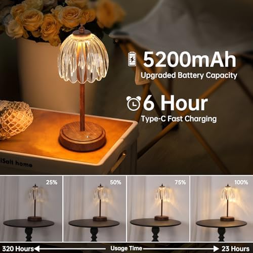 Shenmoyl Tulip Table Lamp with 5200mAh Battery & Touch Control, Small Cordless Table Lamp with 3 Colors, Rechargeable Battery Operated Table Lamps for Bedroom, Desk, Bedside (Transparent-Walnut Color) - Image 2