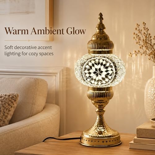 GOGERS Turkish Mosaic Table Lamp, Amber Glass Bedside Lamp with Gold Metal Base, E12 LED Bulb Included, Warm Ambient Decorative Lamp for Bedroom, Living Room, Nightstand, Home Decor Gift (White) - Image 5